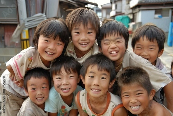 Fototapeta Happy group of asian children in a row smiling and looking at camera