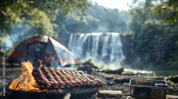 Fototapeta Camping BBQ with Waterfall Background.