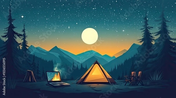 Fototapeta Remote work at a campsite, with a tent, campfire, and laptop under a serene star-filled sky, blending nature with modern technology.