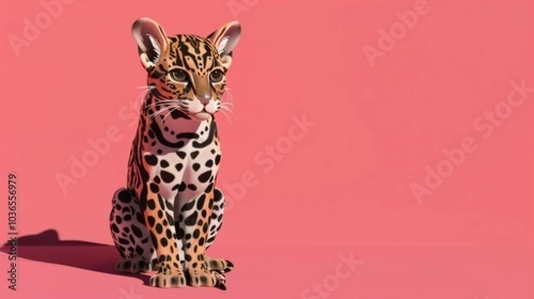 Fototapeta Minimalist 3D Ocelot on Pink Background