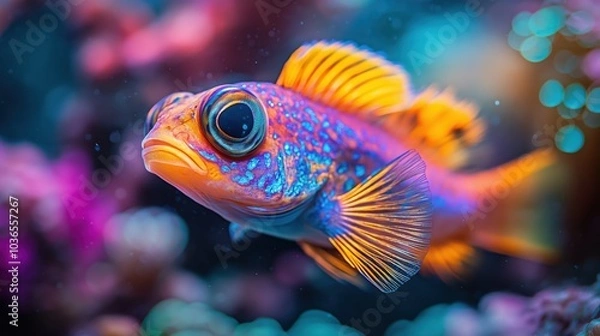 Fototapeta Vibrant Tropical Fish in Colorful Coral Reef, Large Expressive Eye, Iridescent Scales Reflecting Magical Underwater Light