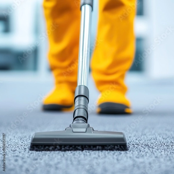 Fototapeta A professional cleaner in yellow overalls using a vacuum cleaner on carpet, ensuring a spotless environment.