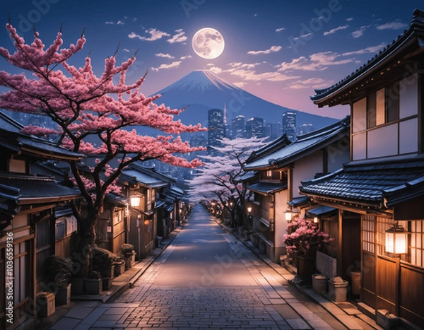Fototapeta anime wallpaper featuring Tokyo and Japanese streets during cherry blossom season, blending eco-friendly city views, beautiful backgrounds, and village architecture, with light-filled skies
