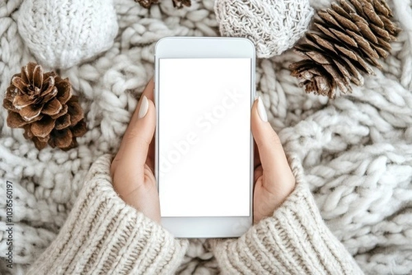Fototapeta A cozy winter scene featuring a smartphone surrounded by pine cones and textured fabric on a chilly day
