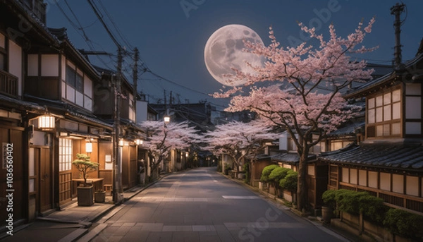Fototapeta anime wallpaper featuring Tokyo and Japanese streets during cherry blossom season, blending eco-friendly city views, beautiful backgrounds, and village architecture, with light-filled skies