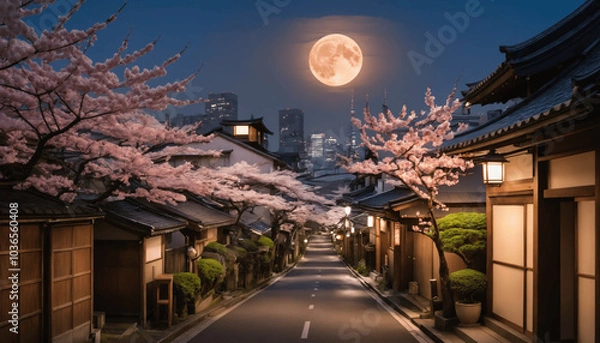 Fototapeta anime wallpaper featuring Tokyo and Japanese streets during cherry blossom season, blending eco-friendly city views, beautiful backgrounds, and village architecture, with light-filled skies