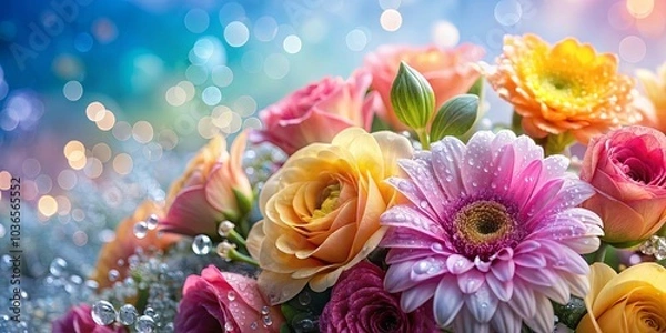Obraz A Delicate Bouquet of Vibrant Flowers Adorned with Sparkling Dewdrops, Illuminated by a Soft, Shimmering Light