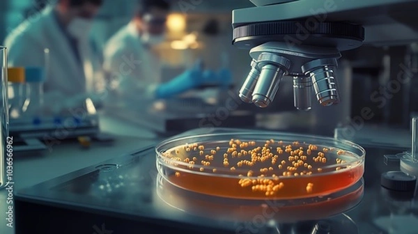 Obraz Close-up of a petri dish with microorganisms under a microscope in a biology lab, scientists conducting vaccine research in the background, detailed and realistic