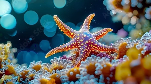Fototapeta A vibrant starfish with yellow dots on its body sits on a bed of coral with pink and white polyps.