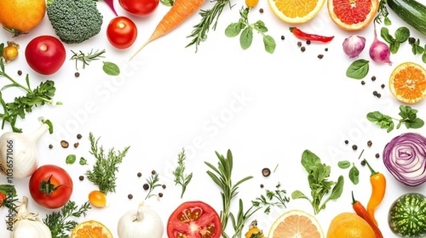 Fototapeta A vibrant poster template featuring an array of fresh produce against a clean backdrop, ideal for promoting healthy eating initiatives.