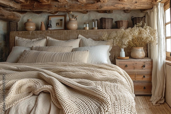 Fototapeta Modern bedroom with boho interior design showcasing a bed adorned with beige bedding set