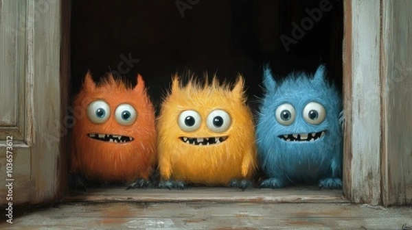 Fototapeta Playful monsters peeking from behind a door
