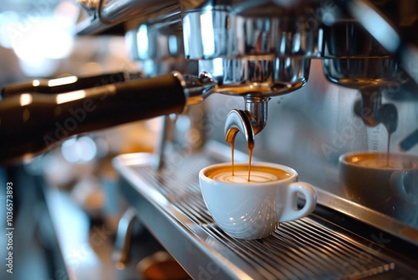 Obraz Espresso machine pours fresh black coffee closeup. Coffee extraction from a professional coffee machine with a bottomless filter.	