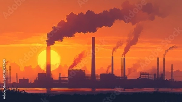 Fototapeta Silhouette of a large industrial plant with smokestacks emitting pollution against an orange sky at sunrise.