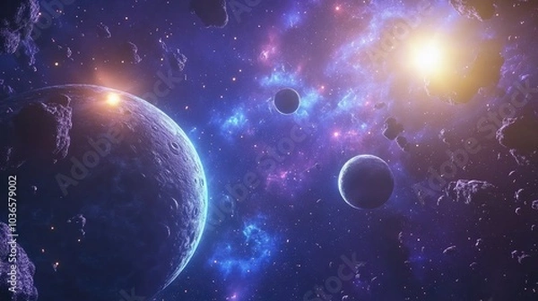 Fototapeta 2D illustration in a 3D cartoon rendering set against a deep interstellar space backdrop featuring bright flashing stars planets moons comets and various science fiction themed creative background