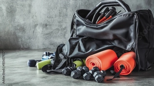 Fototapeta A gym bag with exercise equipment spilling out, Modern lifestyle scene, Dynamic style