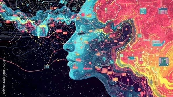 Obraz Abstract digital art of a woman's face with colorful flowing lines and data.