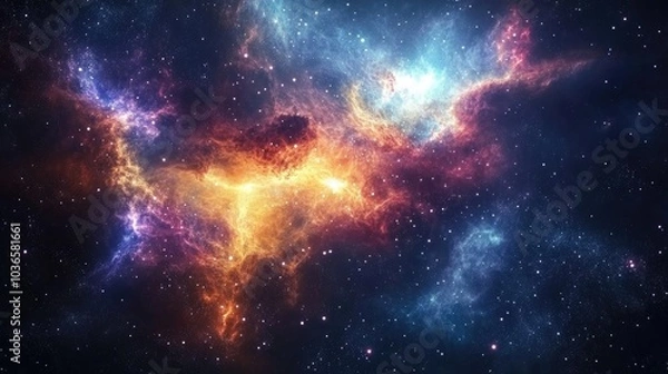 Fototapeta Colorful space galaxy cloud nebula in a 3D cartoon rendering Cosmic starlit night Astronomy universe with a supernova background