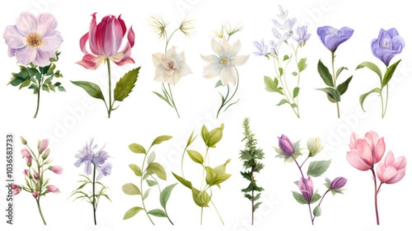 Fototapeta Set of watercolor wildflowers painting isolated on clear png background and transparent background. Fresh and nature concept for nature decorative and flower element, AI generative.