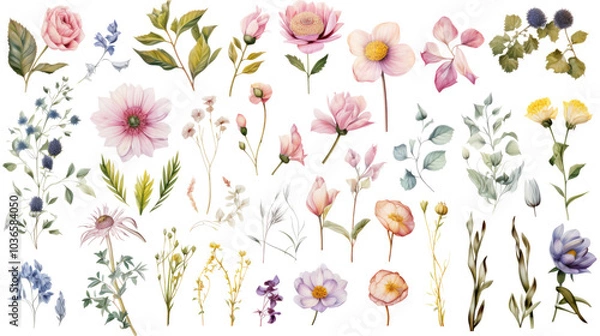 Fototapeta Set of watercolor wildflowers painting isolated on clear png background and transparent background. Fresh and nature concept for nature decorative and flower element, AI generative.