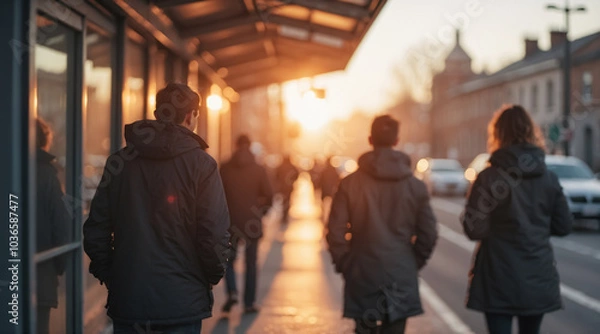 Fototapeta People walk along the sidewalk in the morning light, past a public transport stop, creating the atmosphere of city life
