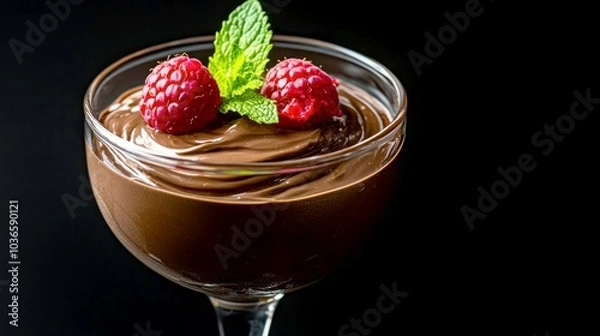 Fototapeta Close-up of a chocolate mousse dessert garnished with fresh raspberries and mint leaves, isolated against a black background.