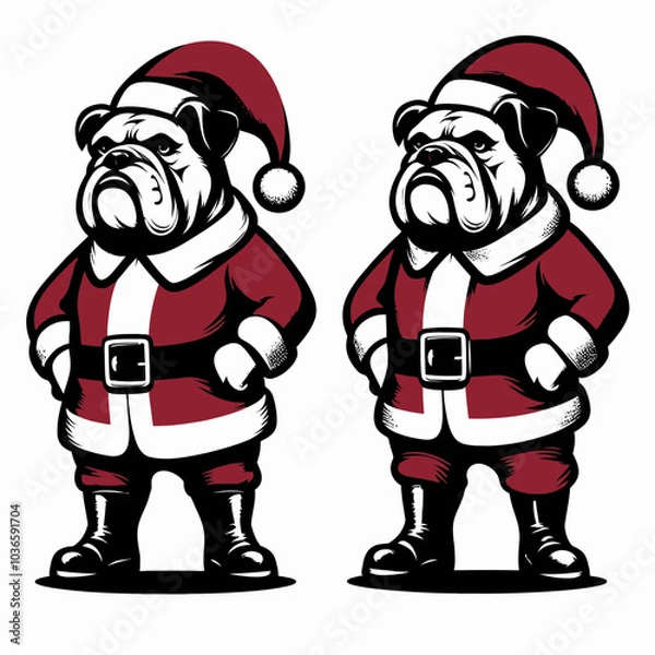 Fototapeta Bulldog in Santa Claus Costume with Hands on Hips