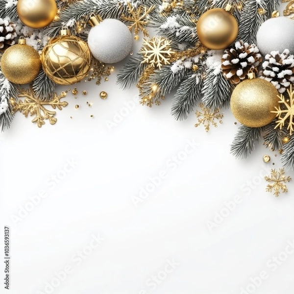 Fototapeta Merry Christmas and Happy New Year Holiday white banner illustration. Xmas design with realistic 3d objects, christmas tree, golden christmass ball, snowflake, glitter gold