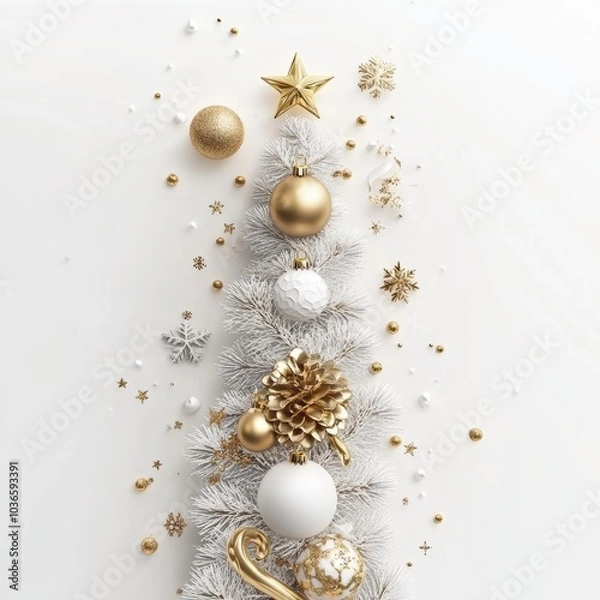 Fototapeta Merry Christmas and Happy New Year Holiday white banner illustration. Xmas design with realistic 3d objects, christmas tree, golden christmass ball, snowflake, glitter gold