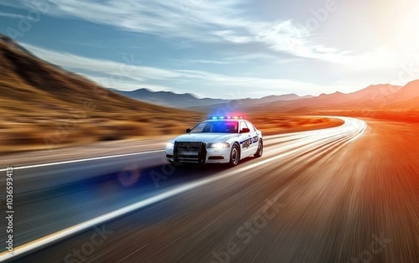 Fototapeta A police car with lights on speeds along a winding road in a desert landscape during sunset.