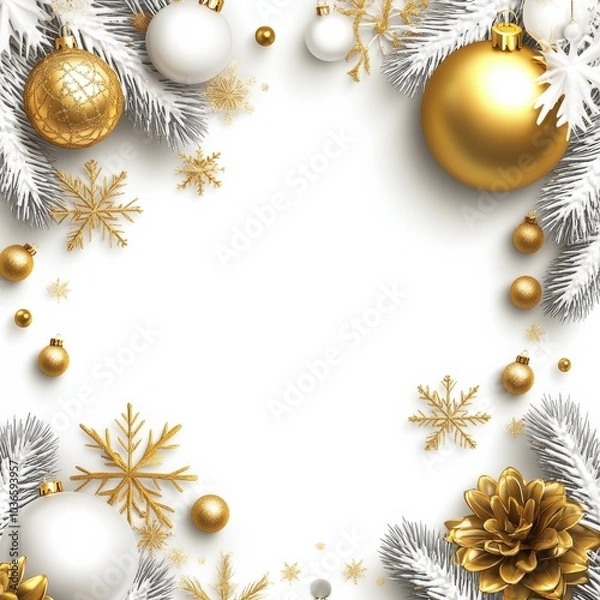 Fototapeta Merry Christmas and Happy New Year Holiday white banner illustration. Xmas design with realistic 3d objects, christmas tree, golden christmass ball, snowflake, glitter gold