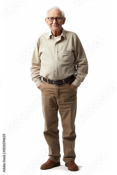 Fototapeta Portrait of a Senior Man in Casual Attire Standing Against a White Background