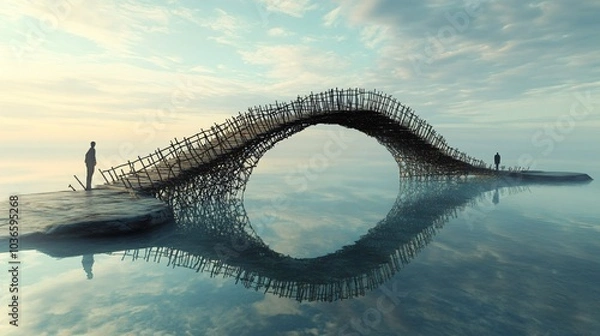Obraz A surreal wooden bridge arching over calm water with two people standing on the ends of the bridge.