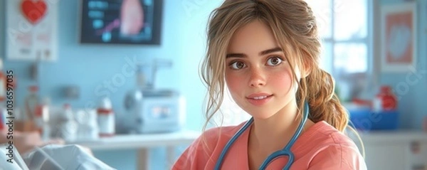 Fototapeta Young female doctor in a hospital setting looking at the camera.