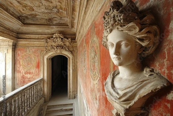 Fototapeta Ancient bust guarding the entrance of a manor