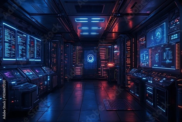 Obraz Futuristic cybersecurity command center featuring advanced technology and glowing interfaces