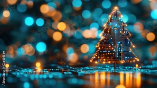 Obraz Futuristic tree with circuit pattern and vibrant bokeh