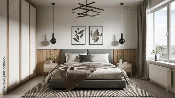 Fototapeta 3D rendering of large living room with study on loft