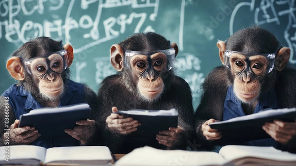 Fototapeta Three curious chimpanzees exploring scientific reports