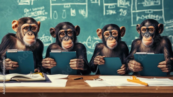 Fototapeta Four playful chimpanzees holding clipboards and notes