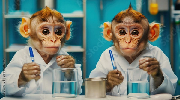 Fototapeta Two monkeys wearing lab coats, holding blue pens.