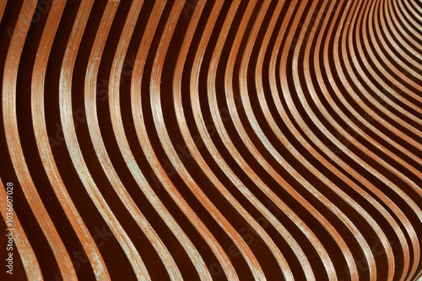 Fototapeta Brown wooden planks, fragment of a bench with curved geometry, vertical planks. Abstract background.