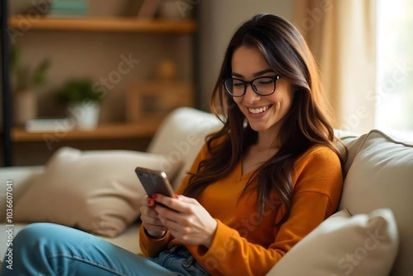Fototapeta Smiling Woman Using Smartphone While Relaxing on Couch at Home