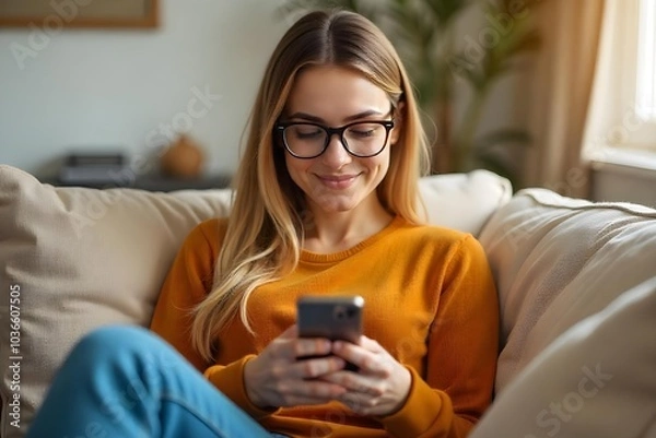 Fototapeta Smiling young woman wearing glasses looking at cell phone doing ecommerce mobile shopping relaxing on sofa in living room. Happy mature young woman using smartphone sitting on couch at home