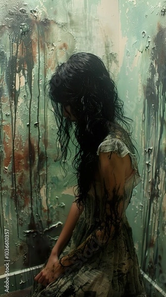 Fototapeta A Woman in a Distressed Dress Against a Dripping Wall
