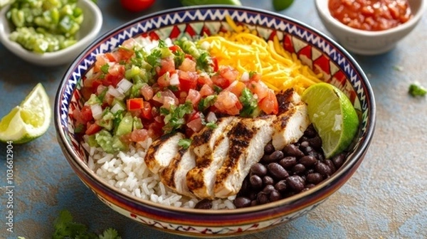 Fototapeta A hearty burrito bowl with rice, black beans, grilled chicken