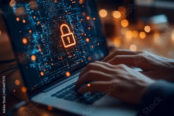 Fototapeta Close-up of someone typing on a laptop with a padlock symbol on the screen at night
