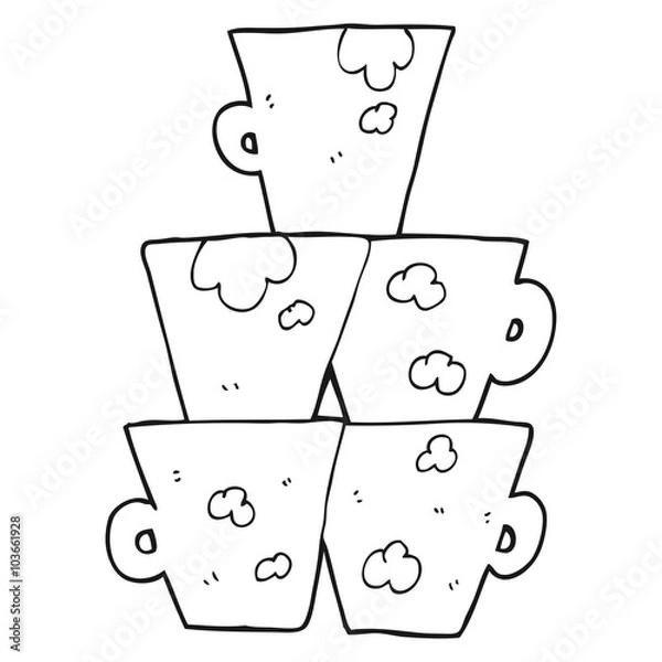 Fototapeta black and white cartoon stack of dirty coffee cups