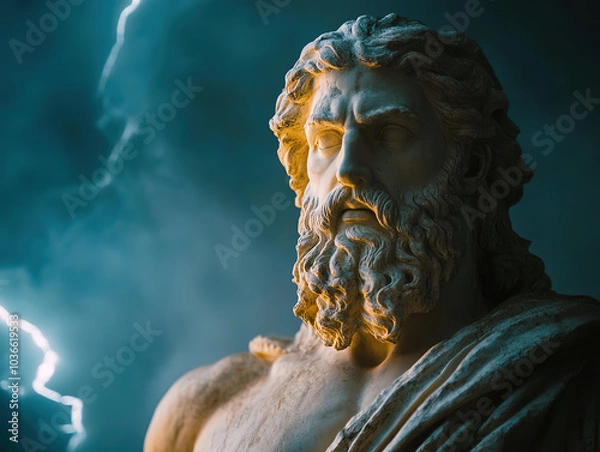 Fototapeta Marble Statue a stoic philosopher sitting on a throne thinking, Male stoic statue looking out to the city
