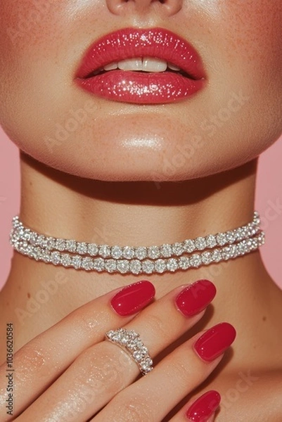 Obraz Elegant female beauty model with multiple identical hands, long red nails, wearing diamond rings and choker necklace, posing for jewelry brand photoshoot, soft pink wallpaper background